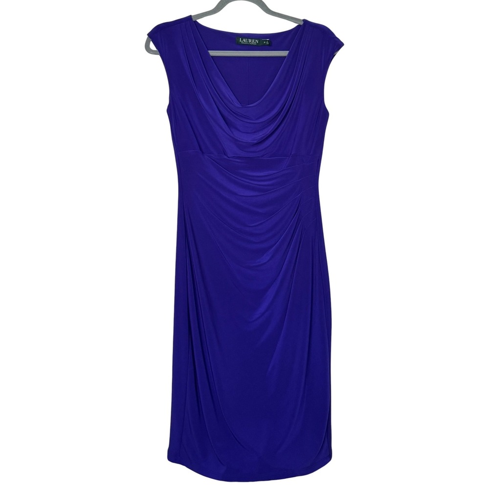 Lauren Ralph Lauren Purple Cowl Neck Ruched Sheath Dress Sleeveless Elegant Chic